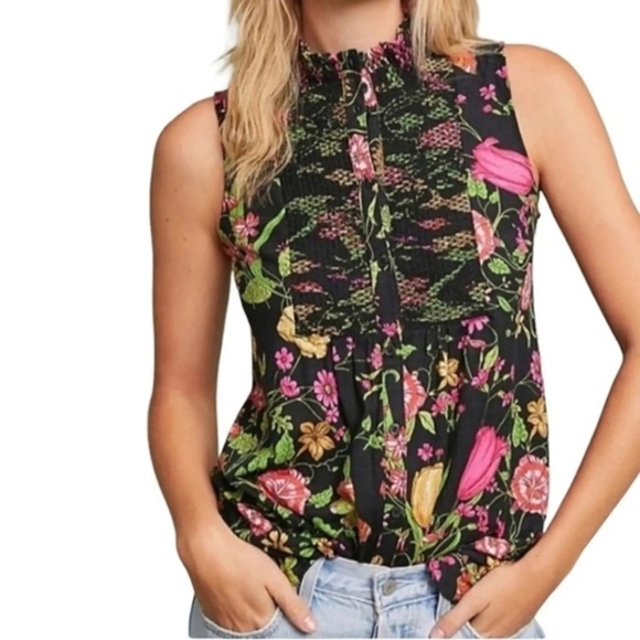 Akemi Kin Anthropologie Knit Button Up Top L Black Floral Sleeveless - Picture 1 of 7